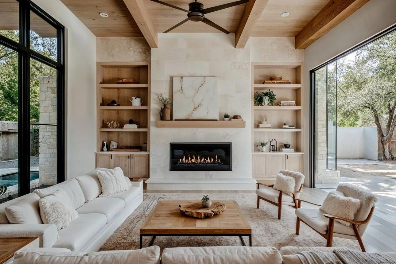 Modern kitchen with natural wood cabinets, white accents, and warm neutral tones reflecting current home design trends that add value