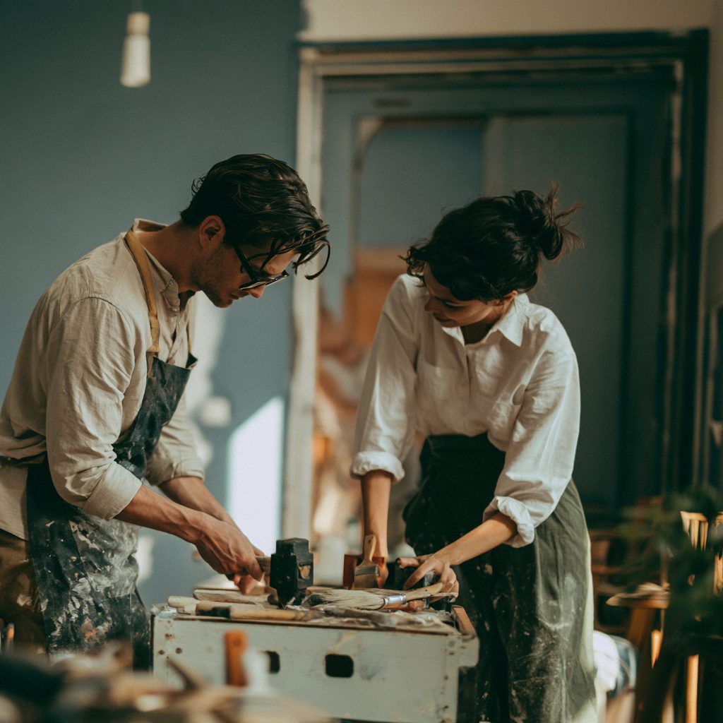 A man and woman work together on a home renovation project, using tools at a workbench inside a partially remodeled room.